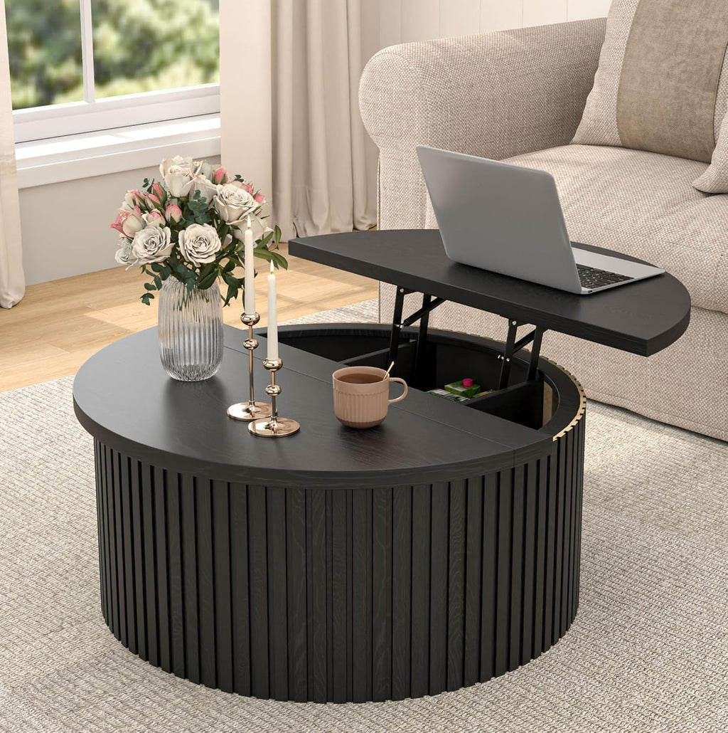 34.6" Fluted Round Lift Top Coffee Table with Hidden Storage, Black L44065