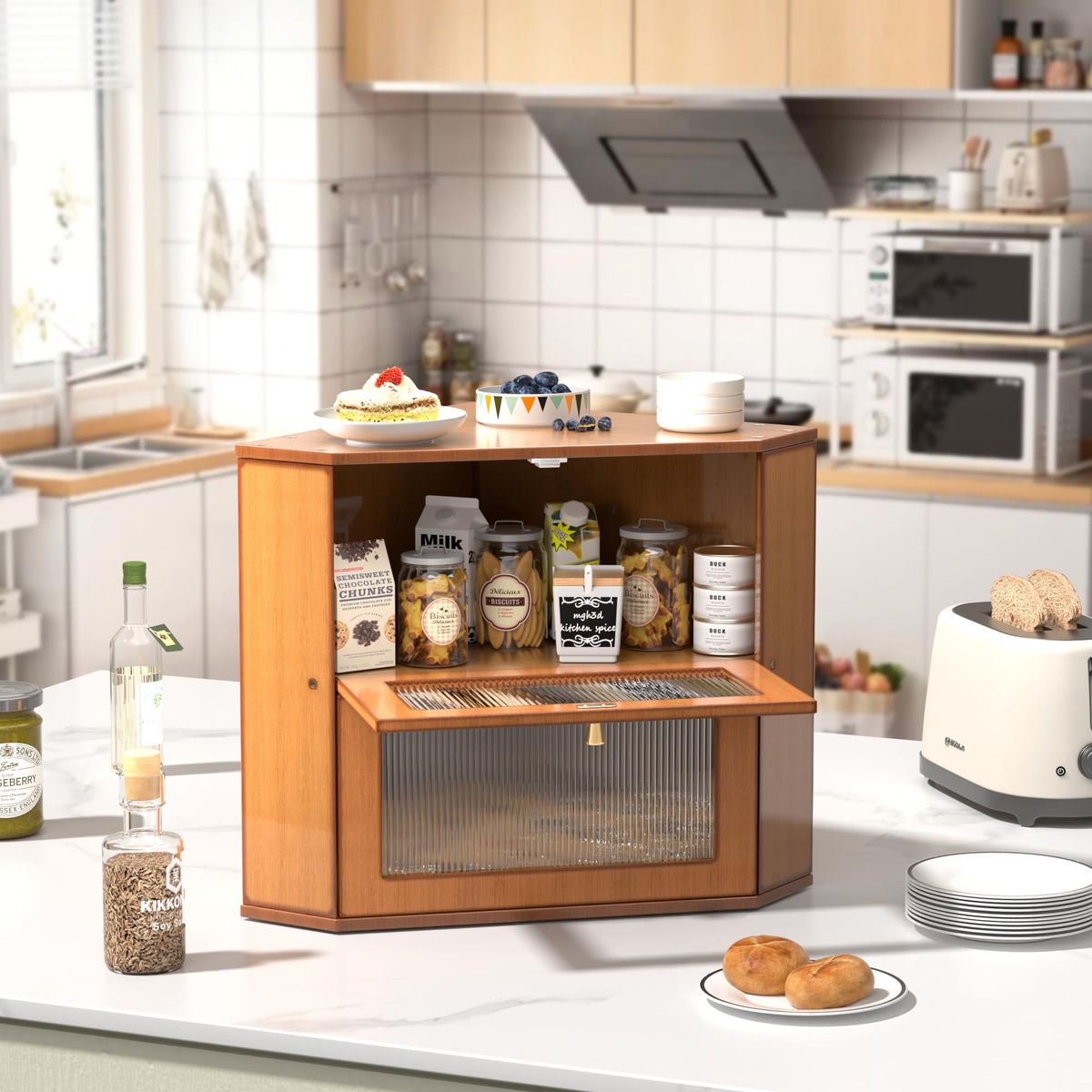 Large Capacity 2 Layer Bamboo Bread Box with Acrylic Window D65509