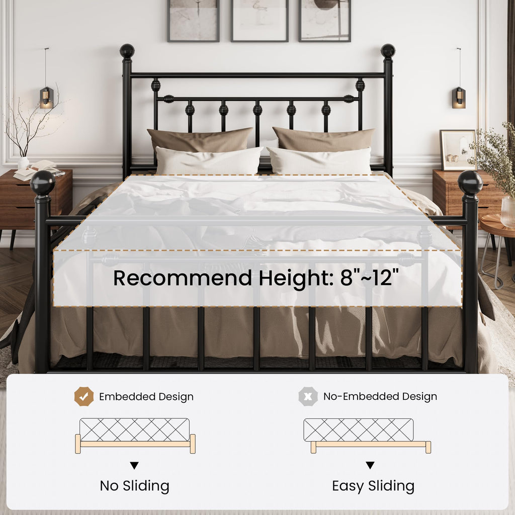 14" Full Size Black Metal Platform Bed Frame with Headboard and Footboard E289