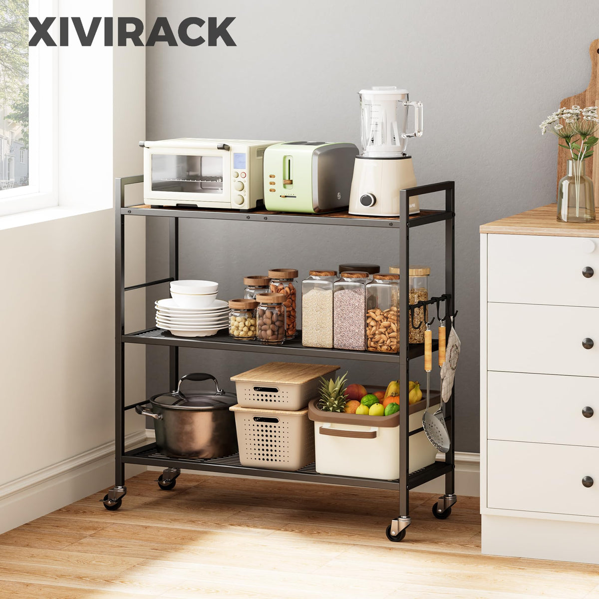 3-Tier Metal Storage Rack with Wheels, Mesh Shelving Unit, Black Z289107