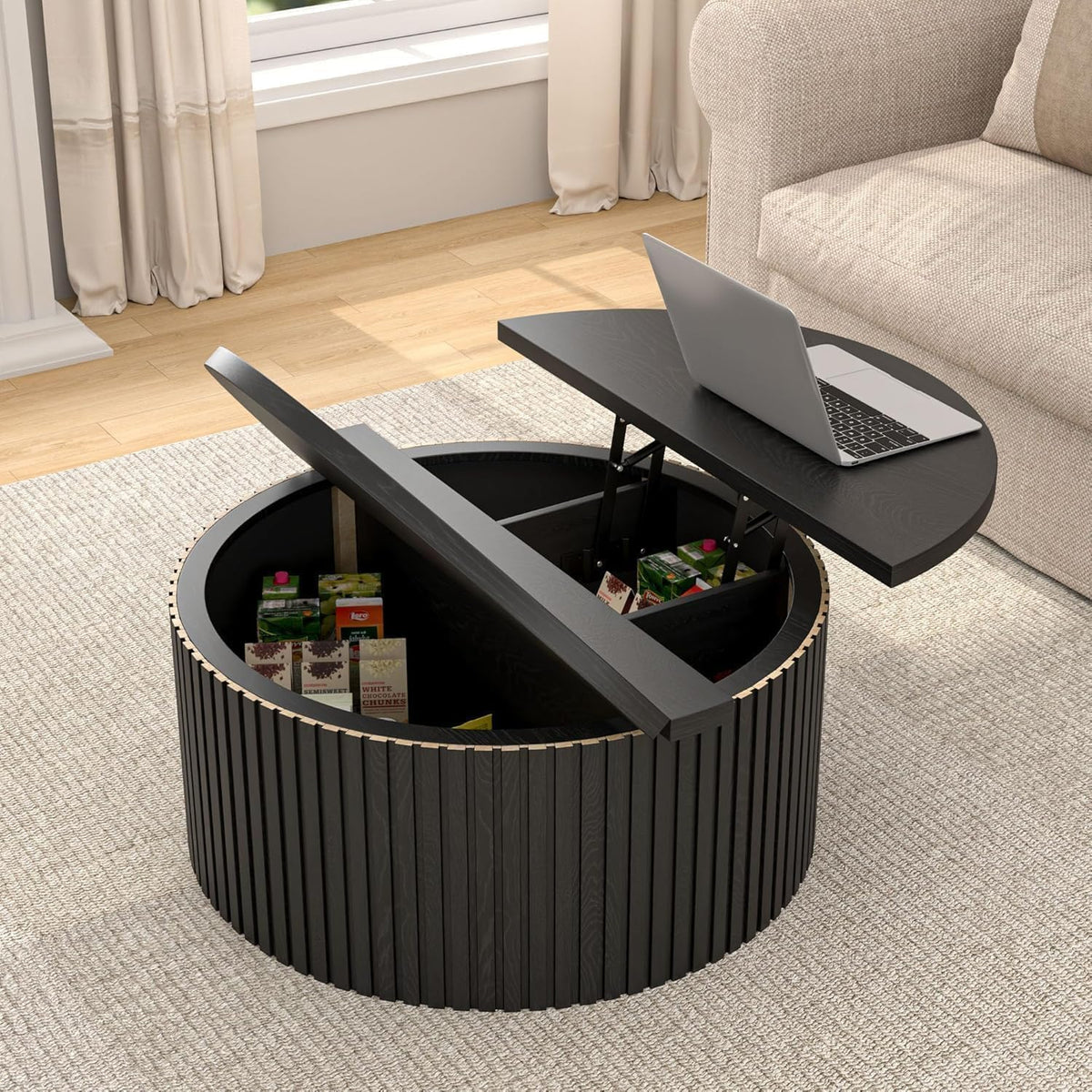 34.6" Fluted Round Lift Top Coffee Table with Hidden Storage, Black L44065