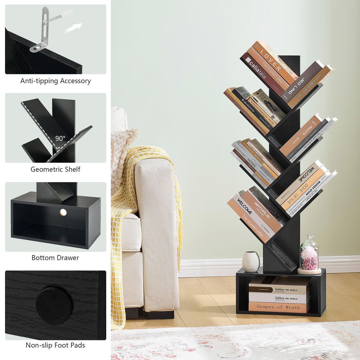 Black 6 Tier Wood Tree Bookshelf with Drawer X207