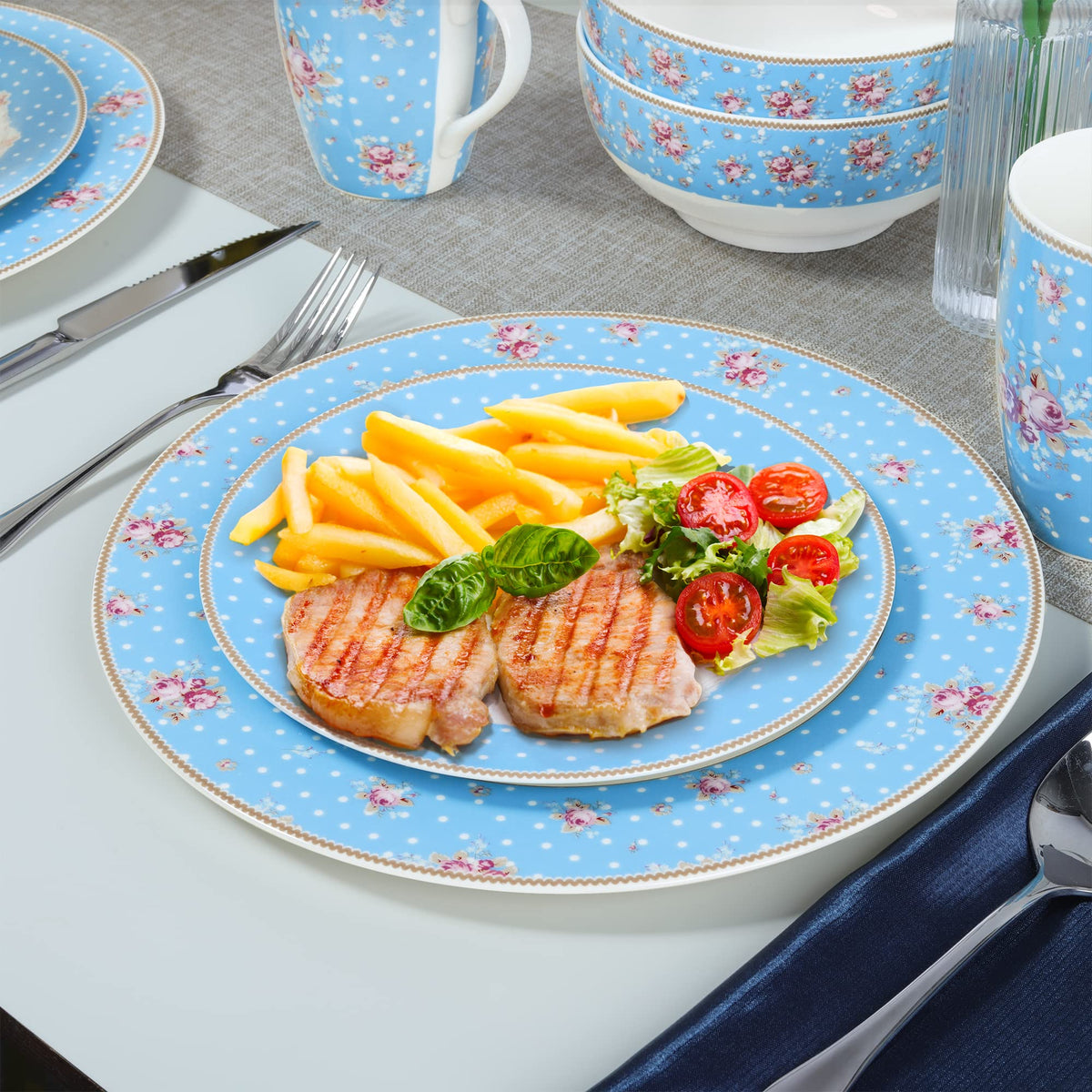 12 Piece Blue Floral Ceramic Dinnerware Set S6055