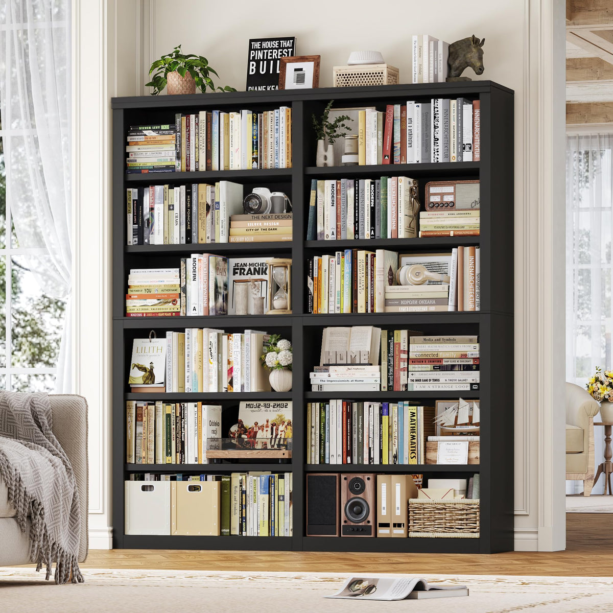 73" Tall Black 6-Tier Double Wide Bookshelf H19836