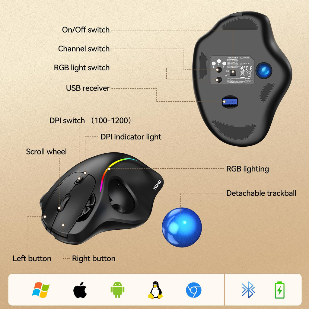 Wireless Bluetooth Ergonomic Trackball Mouse Z359