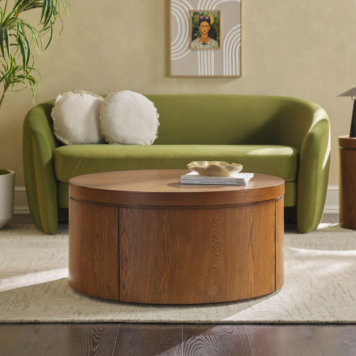 Solid Oak Wood Veneer Coffee Table with Storage, 36 Inch, Medium Brown Oak P22747