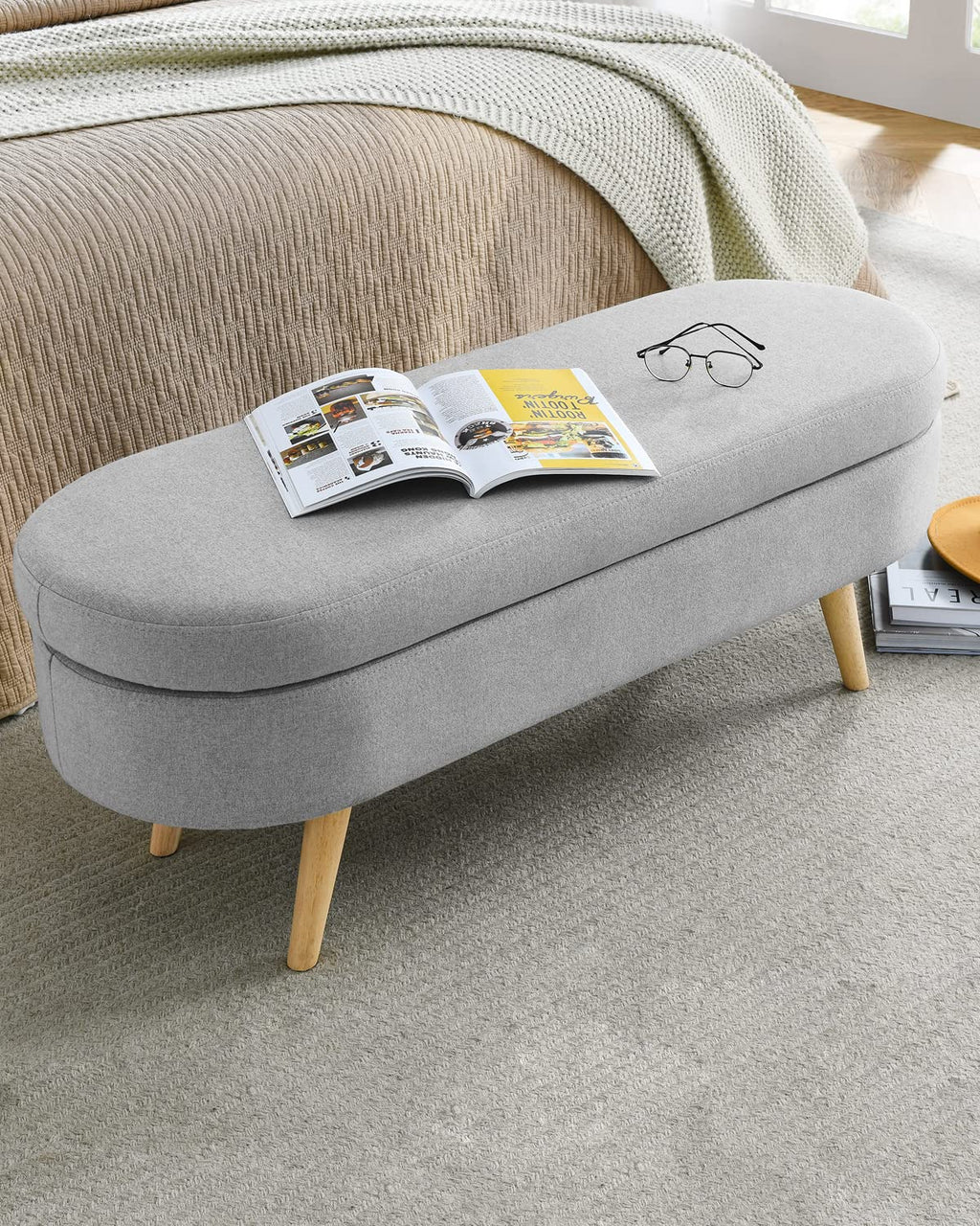 Oval Linen Fabric Upholstered Storage Bench with Solid Wood Legs N690680