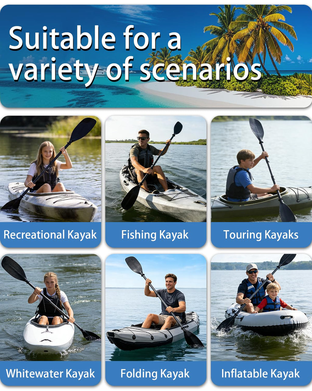 Adjustable Telescopic Kayak Paddle Stainless Steel Shaft Fiberglass Blades Y5585