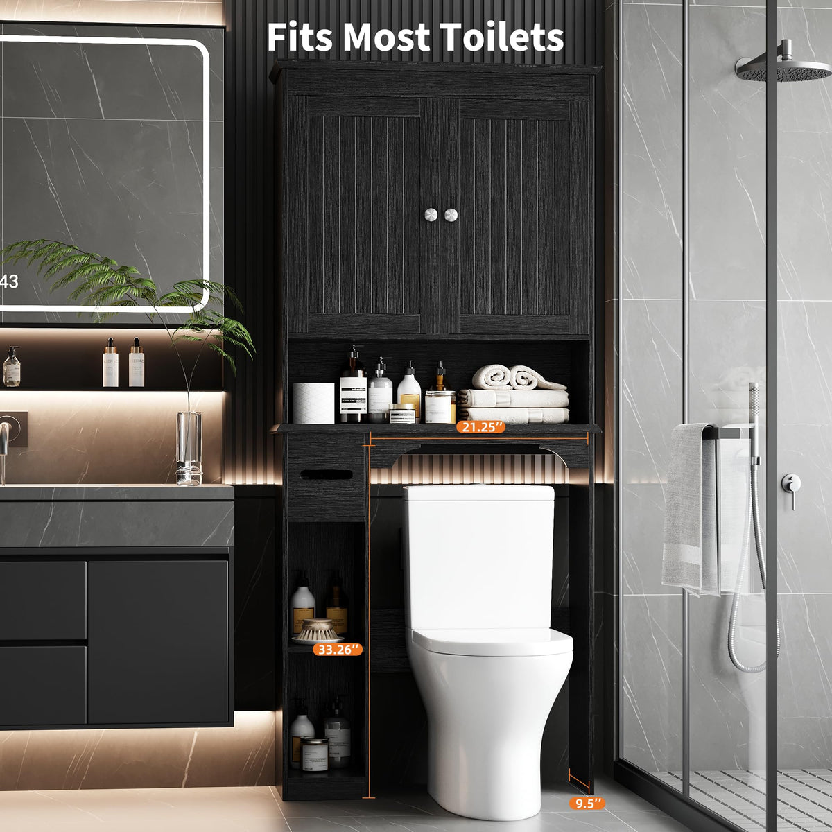 30" Over Toilet Storage Cabinet with Toilet Paper Box, Black M49334