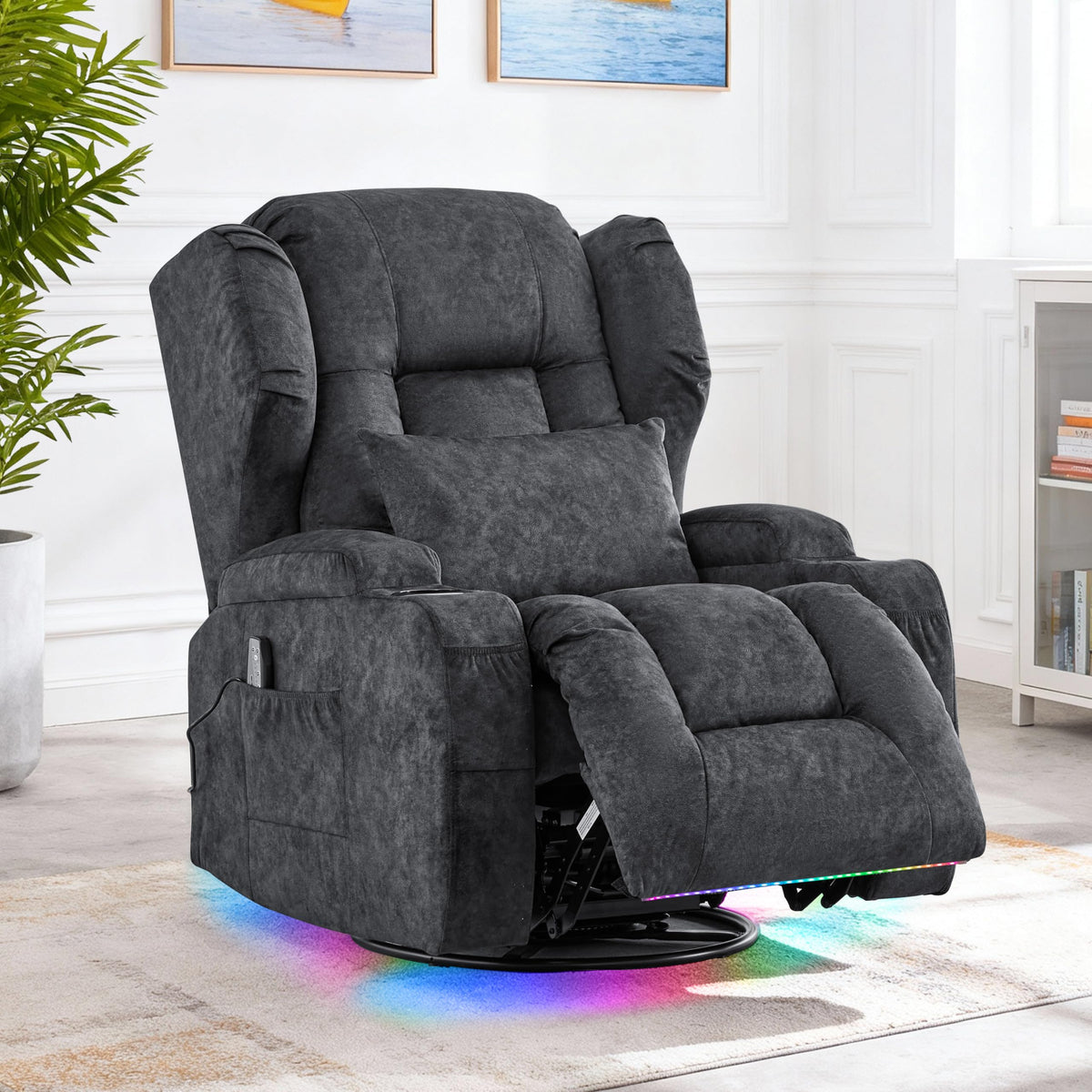 Velvet Gray Power Swivel Rocker Recliner Chair with Massage & Heat F109297