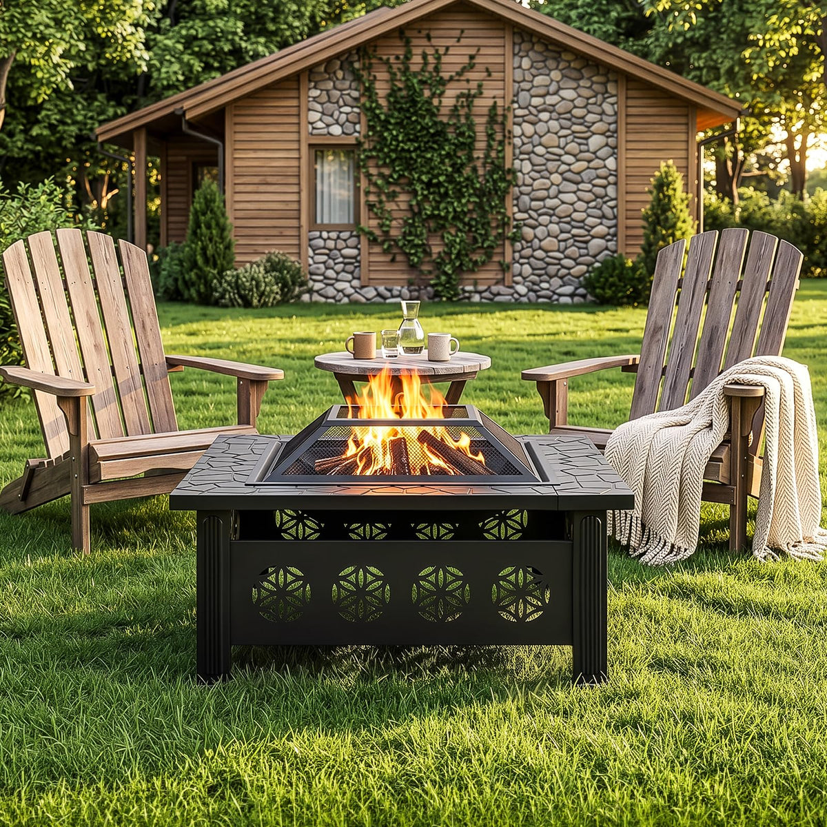 32 Inch Square Wood Burning Fire Pit Table U338071