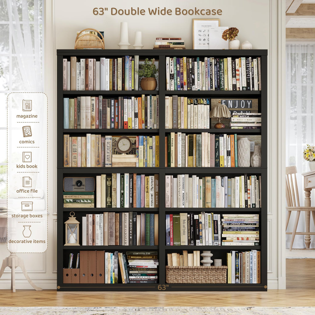 73" Tall Black 6-Tier Double Wide Bookshelf H19836