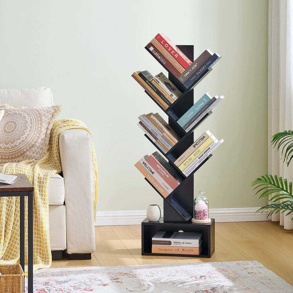 Black 6 Tier Wood Tree Bookshelf with Drawer X207