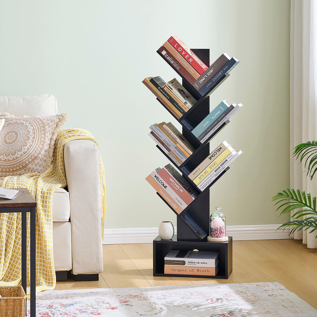 Black 6 Tier Wood Tree Bookshelf with Drawer X207